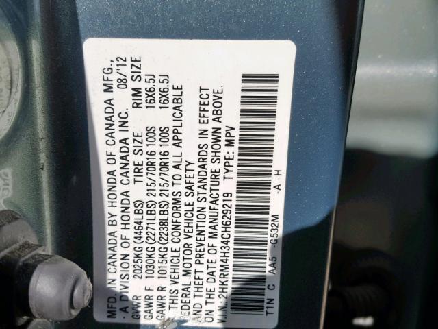 2HKRM4H34CH629219 - 2012 HONDA CR-V LX GREEN photo 10