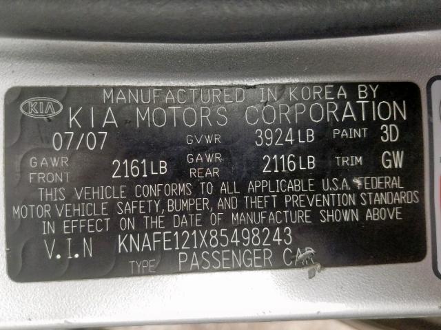 KNAFE121X85498243 - 2008 KIA SPECTRA EX SILVER photo 10