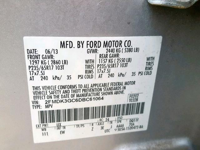 2FMDK3GC6DBC61064 - 2013 FORD EDGE SE SILVER photo 10