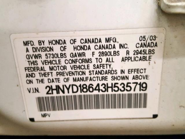 2HNYD18643H535719 - 2003 ACURA MDX TOURIN WHITE photo 10