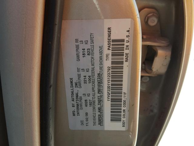 1YVGF22D1Y5123792 - 2000 MAZDA 626 ES GOLD photo 10