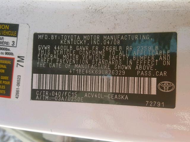 4T1BE46K69U826329 - 2009 TOYOTA CAMRY BASE WHITE photo 10