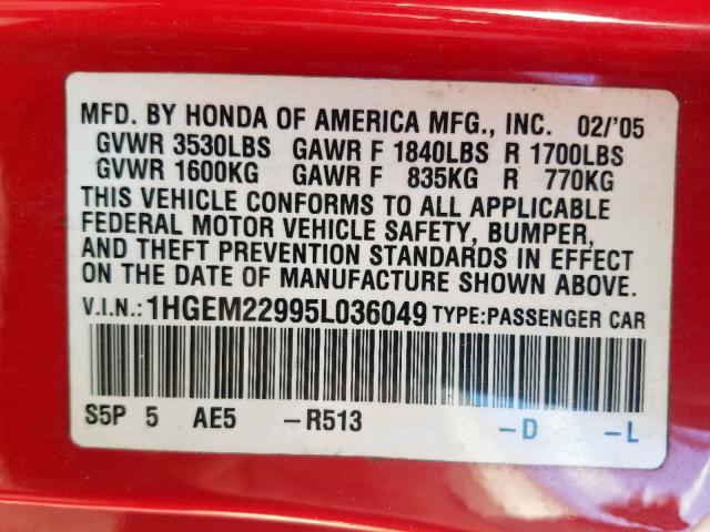 1HGEM22995L036049 - 2005 HONDA CIVIC EX RED photo 10