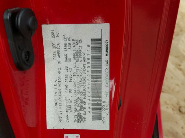 4A3AE85H02E096749 - 2002 MITSUBISHI ECLIPSE SP RED photo 10