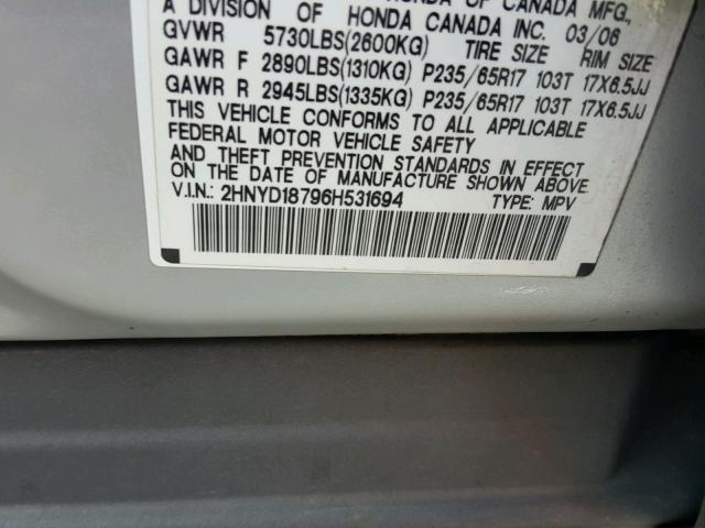 2HNYD18796H531694 - 2006 ACURA MDX TOURIN SILVER photo 10