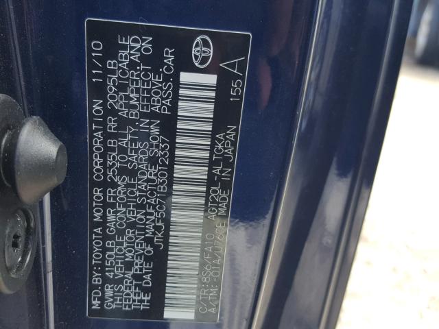 JTKJF5C71B3012337 - 2011 TOYOTA SCION TC 蓝色 照片 10