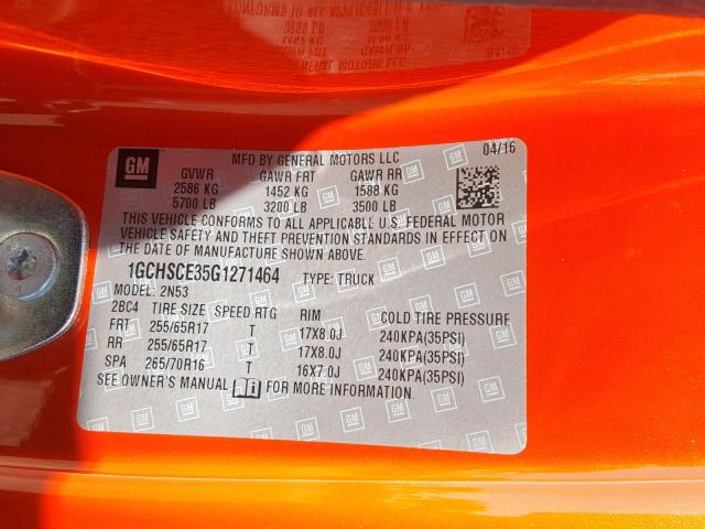 1GCHSCE35G1271464 - 2016 CHEVROLET COLORADO L ORANGE photo 10