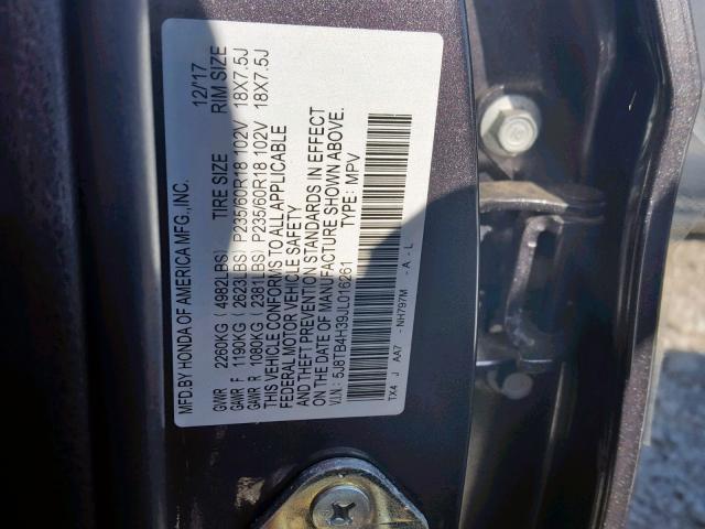 5J8TB4H39JL016261 - 2018 ACURA RDX GRAY photo 10