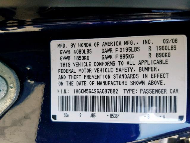 1HGCM56426A087882 - 2006 HONDA ACCORD LX BLUE photo 10