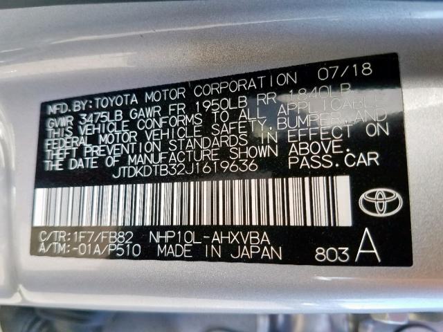 JTDKDTB32J1619636 - 2018 TOYOTA PRIUS C SILVER photo 10