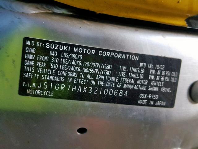 JS1GR7HAX32100684 - 2003 SUZUKI GSX-R750 WHITE photo 10