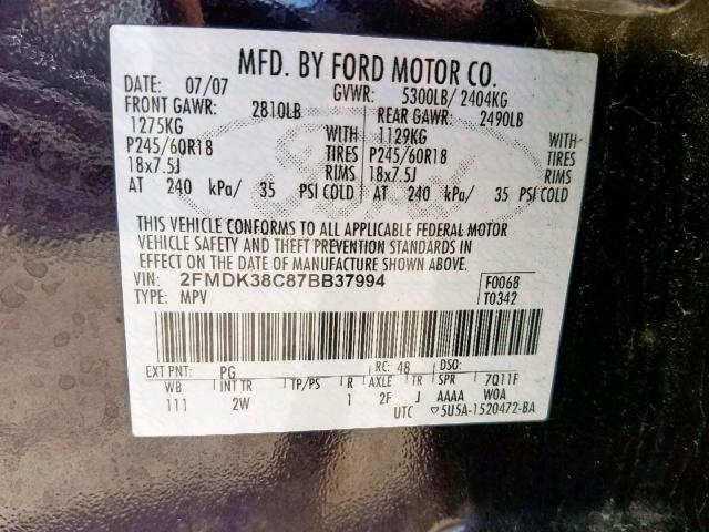 2FMDK38C87BB37994 - 2007 FORD EDGE SEL PURPLE photo 10