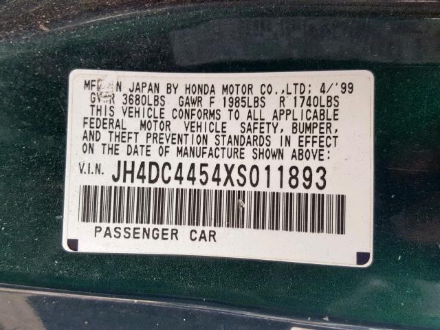 JH4DC4454XS011893 - 1999 ACURA INTEGRA LS GREEN photo 10