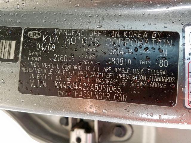 KNAFU4A22A5061065 - 2010 KIA FORTE EX GRAY photo 10