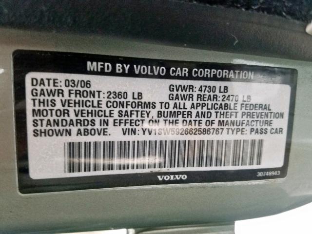 YV1SW592662586767 - 2006 VOLVO V70 2.5T GREEN photo 10