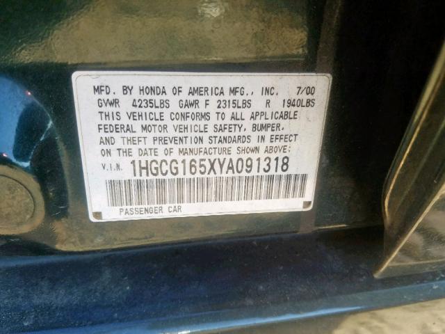 1HGCG165XYA091318 - 2000 HONDA ACCORD EX GREEN photo 10