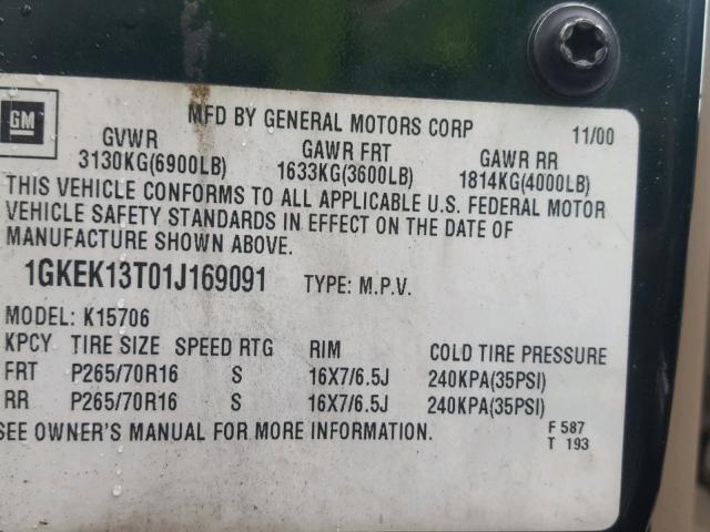 1GKEK13T01J169091 - 2001 GMC YUKON GREEN photo 10