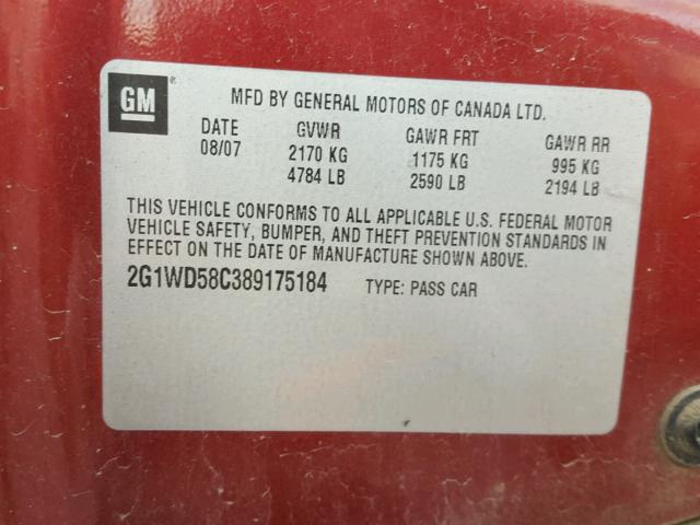2G1WD58C389175184 - 2008 CHEVROLET IMPALA SUP RED photo 10