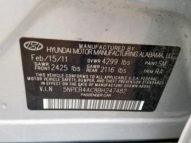 5NPEB4AC8BH247482 - 2011 HYUNDAI SONATA GLS SILVER photo 10