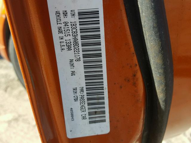 1B3CB3HA0BD221178 - 2011 DODGE CALIBER MA ORANGE photo 10