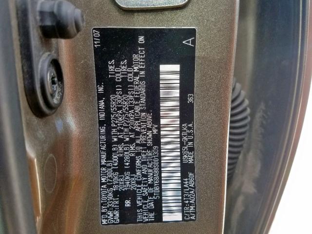 5TDBY68A88S001309 - 2008 TOYOTA SEQUOIA LI BROWN photo 10