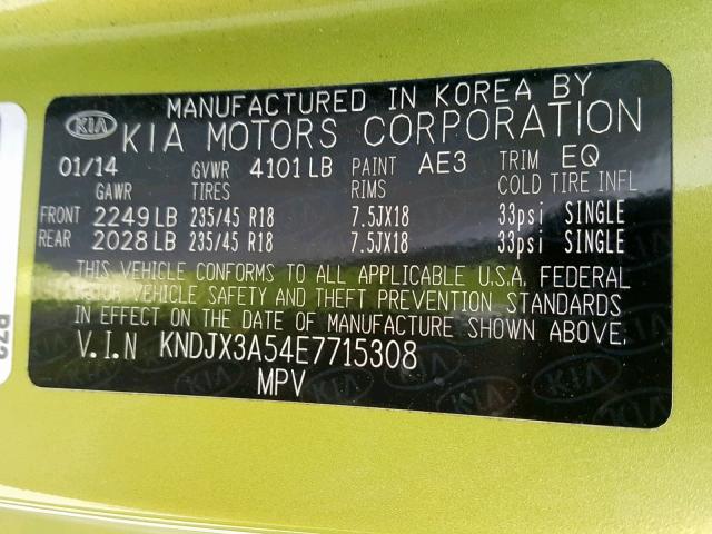 KNDJX3A54E7715308 - 2014 KIA SOUL ! GREEN photo 10