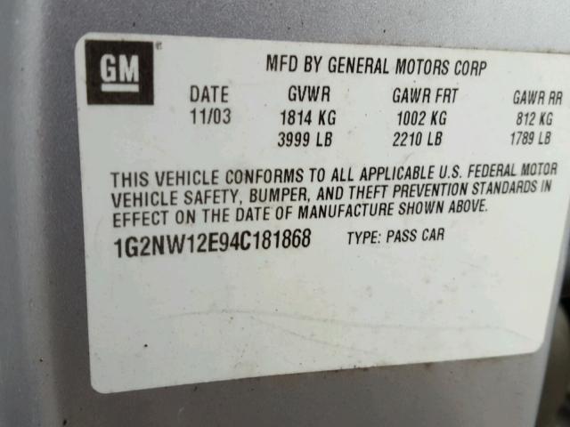 1G2NW12E94C181868 - 2004 PONTIAC GRAND AM G SILVER photo 10