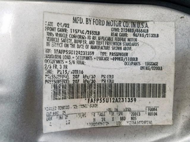 1FAFP55U12A231359 - 2002 FORD TAURUS SES SILVER photo 10