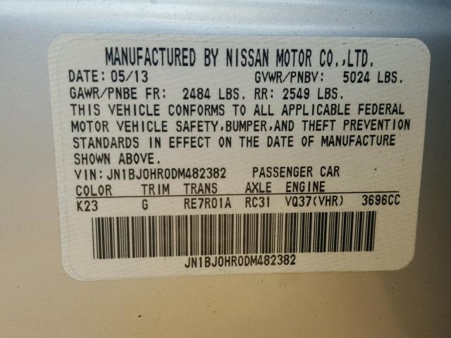 JN1BJ0HR0DM482382 - 2013 INFINITI EX37 BASE SILVER photo 10