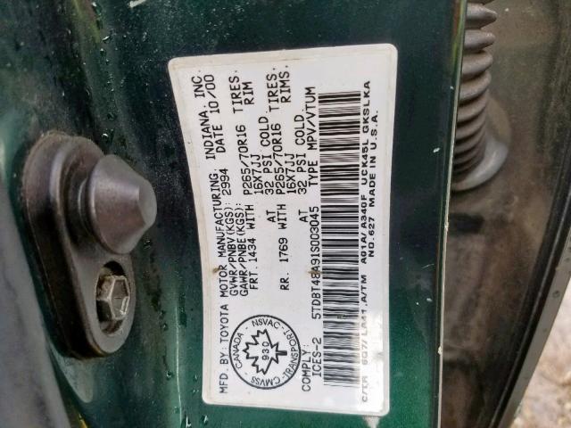 5TDBT48A91S003045 - 2001 TOYOTA SEQUOIA LI GREEN photo 10