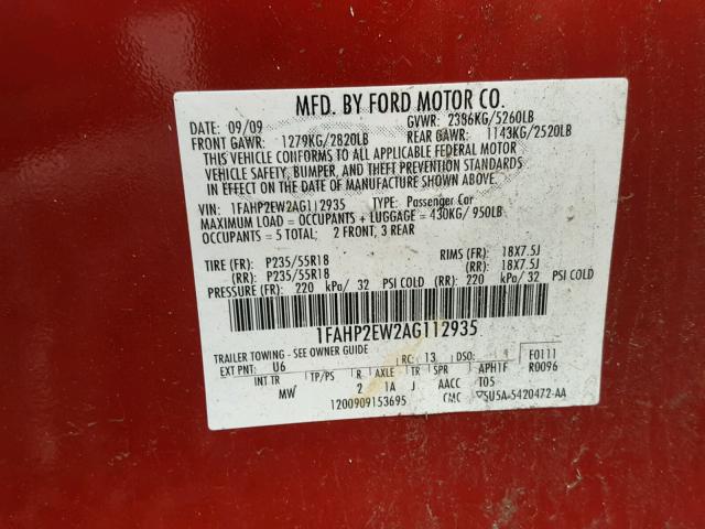 1FAHP2EW2AG112935 - 2010 FORD TAURUS SEL RED photo 10