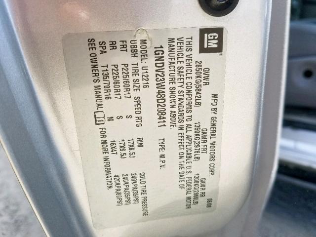 1GNDV23W48D208411 - 2008 CHEVROLET UPLANDER L SILVER photo 10