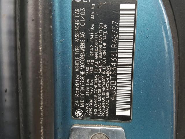 4USBT33433LR62757 - 2003 BMW Z4 2.5 BLUE photo 10