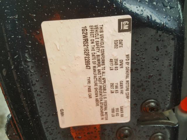 1G2WR52162F228947 - 2002 PONTIAC GRAND PRIX BLUE photo 10