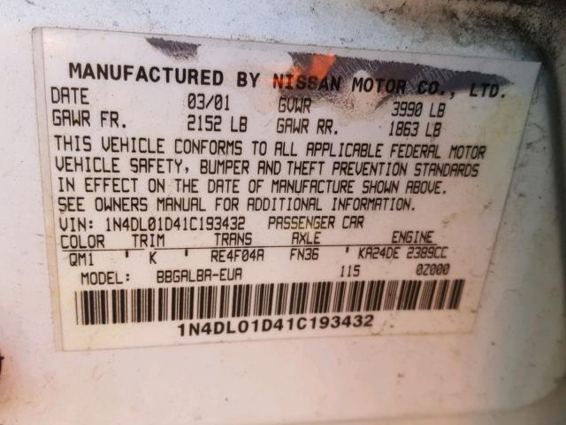 1N4DL01D41C193432 - 2001 NISSAN ALTIMA XE WHITE photo 10