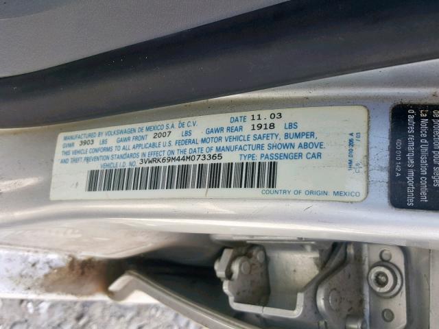 3VWRK69M44M073365 - 2004 VOLKSWAGEN JETTA GL SILVER photo 10