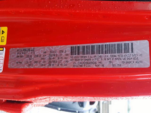 1C4HJXEN5KW594646 - 2019 JEEP WRANGLER U RED photo 10