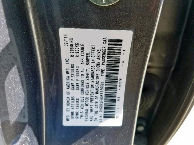 1HGCR2F85FA126581 - 2015 HONDA ACCORD EXL GRAY photo 10