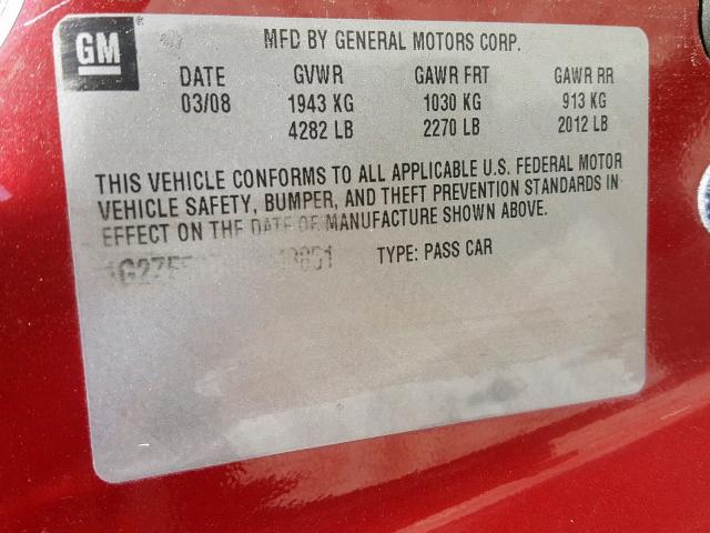 1G2ZF57B084248851 - 2008 PONTIAC G6 VALUE L RED photo 10