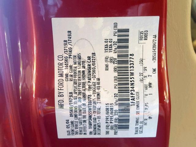 1FAFP34N55W133778 - 2005 FORD FOCUS ZX4 RED photo 10