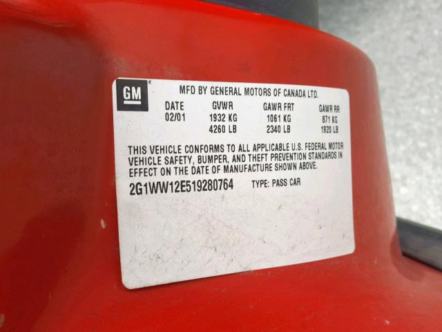 2G1WW12E519280764 - 2001 CHEVROLET MONTE CARL წითელი ფოტო 10