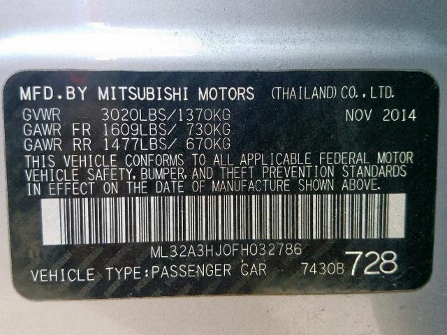 ML32A3HJ0FH032786 - 2015 MITSUBISHI MIRAGE DE SILVER photo 10