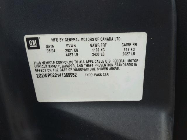 2G2WP522141369952 - 2004 PONTIAC GRAND PRIX GRAY photo 10