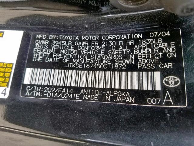 JTKDE167450011872 - 2005 TOYOTA SCION TC შავი ფოტო 10