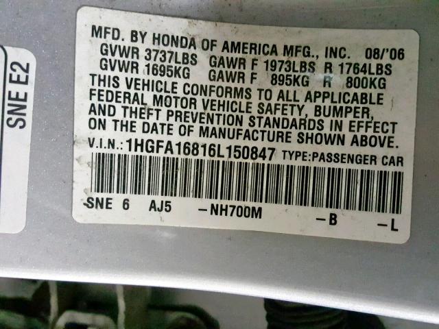 1HGFA16816L150847 - 2006 HONDA CIVIC EX SILVER photo 10