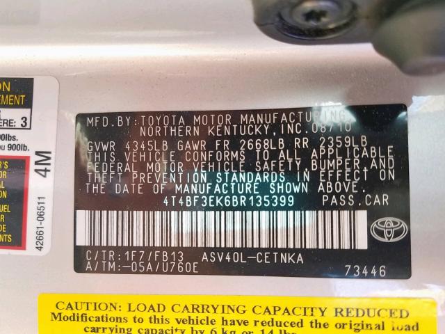 4T4BF3EK6BR135399 - 2011 TOYOTA CAMRY BASE SILVER photo 10