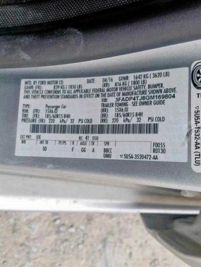 3FADP4TJ8GM169804 - 2016 FORD FIESTA S SILVER photo 10