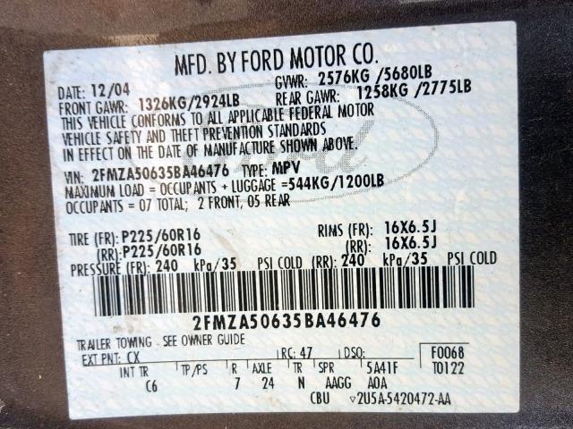 2FMZA50635BA46476 - 2005 FORD FREESTAR S GRAY photo 10