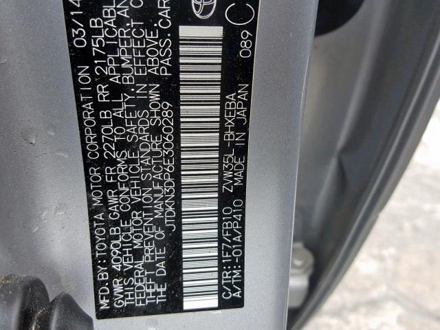 JTDKN3DP6E3060289 - 2014 TOYOTA PRIUS PLUG SILVER photo 10