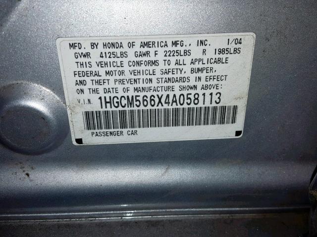 1HGCM566X4A058113 - 2004 HONDA ACCORD EX SILVER photo 10